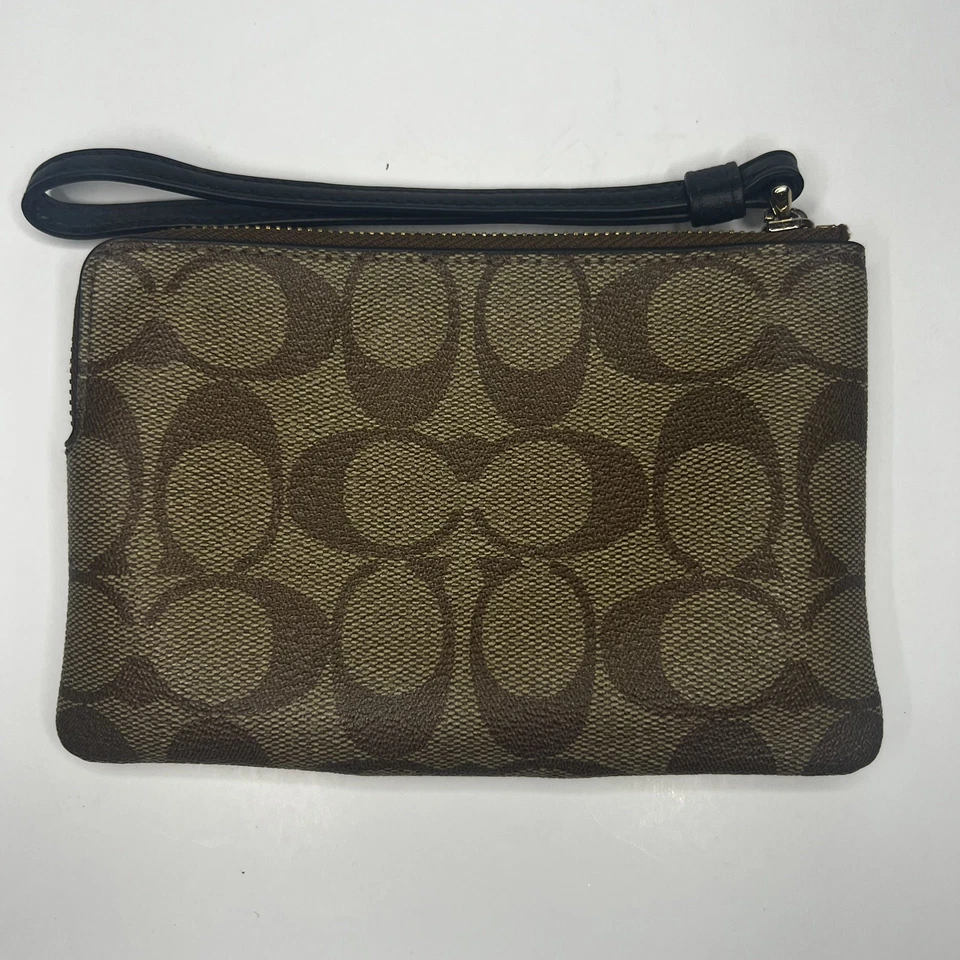 Coach Classic Signature PVC Khaki/Black Leather Corner Zip Wristlet  - Image 2 of 4