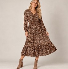 Tucker Silk Leopard Print Midi Dress Womens M Long Sleeve Smocked Waist