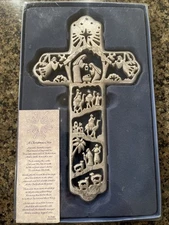 Christmas Cross Nativity Scene By R. Fogle Dickson 12" Wall Hanging Silver Boxed
