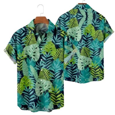 Mens Tropical Leaf Hawaiian Shirt Blue Beach Aloha