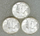 1942 & 1943 x 2 Mercury Dime Gem BU lot of 3 coins Frosty White Luster #P202