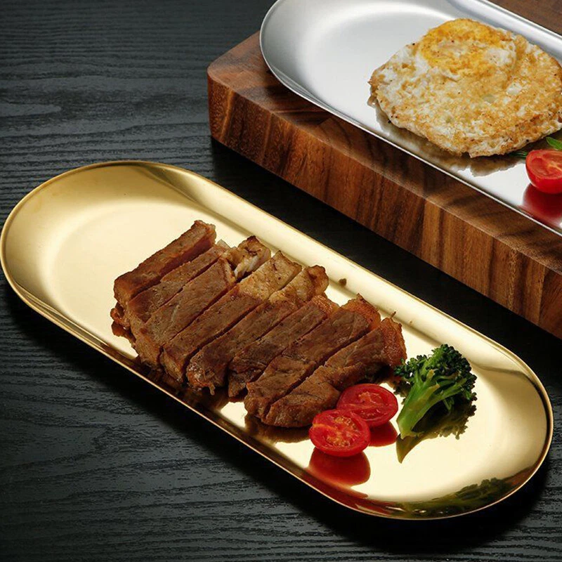 Stainless Steel Oval Serving Tray Dessert Plate Organizer For Jewelry/Fruit Gold - Image 2 of 4