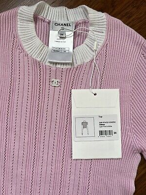 Auth Chanel 23P Pink And white Knit CC Logo Top T-Shirt New Auth Chanel 23P Pink And white Knit CC Logo Top T-Shirt New