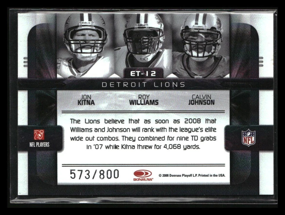 2008 Donruss Elite Jon Kitna/Roy Williams/Calvin Johnson Elite Teams #/800 - Image 2 of 2