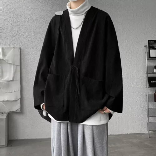 Men Corduroy Kimono Jacket Cardigan Japanese Coat Retro Outwear Loose Casual - Picture 13 of 20