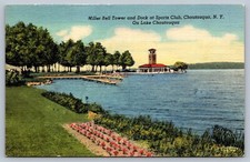 Postcard Chautauqua NY Miller Bell Tower and Dock at Sports Club
