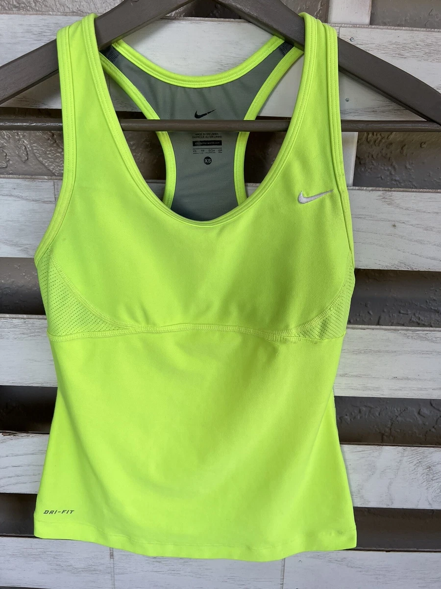 Nike Dri Fit Athletic Workout Neon Green Tank Top Built In Bra Womens XS.