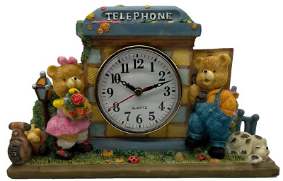 Romantic Bear Figurine Clock Telephone Booth Scene With Dog - Farmhouse Cottage