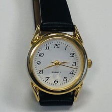 Ladies Gold Tone Quartz Watch White Dial, Black Leather Band, 23mm, New Battery