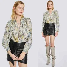 Iro Calli Cotton Printed Lace Up Top Women's Green Multi Size: XS NWOT