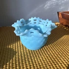 Fenton Milk Blue Art Satin Glass Candy Bowl Dish Basket Weave Turquoise Aqua