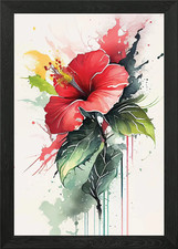 Watercolor Hibiscus Flower Framed Wall Art Poster Canvas Print Picture