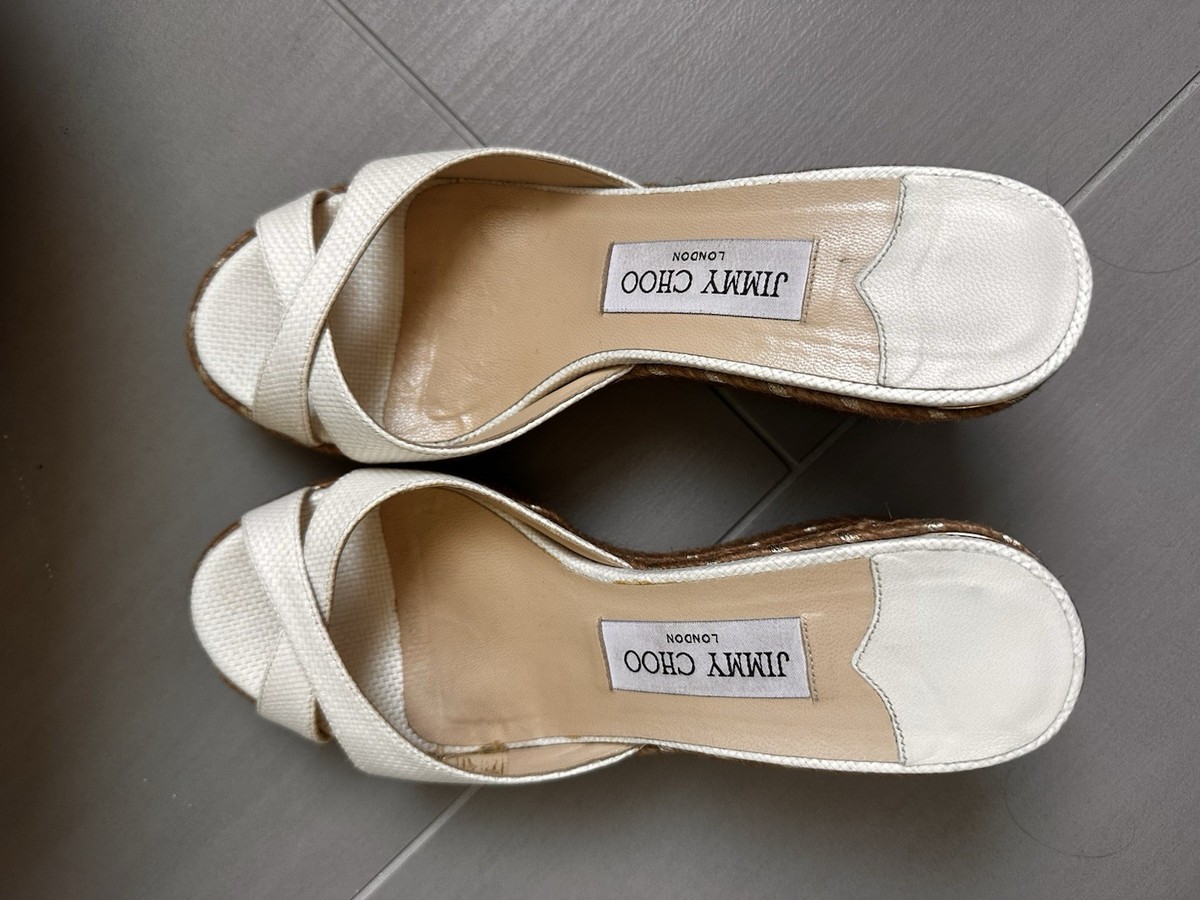 Jimmy Choo Almer White Espadrille Wedges Mules Slip on Sandals