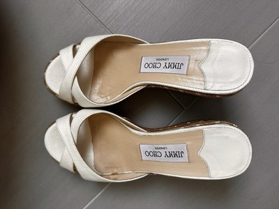 Jimmy Choo Almer White Espadrille Wedges Mules Slip on Sandals