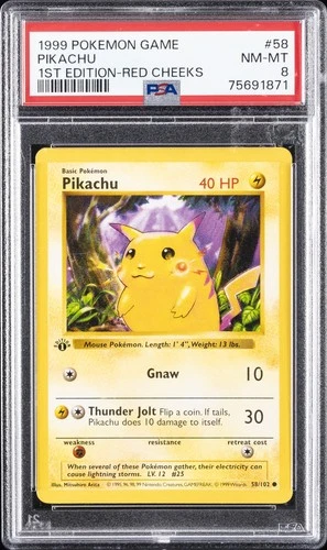 1999 POKEMON BASE SET 1ST EDITION-RED CHEEKS #58 PIKACHU PSA 8