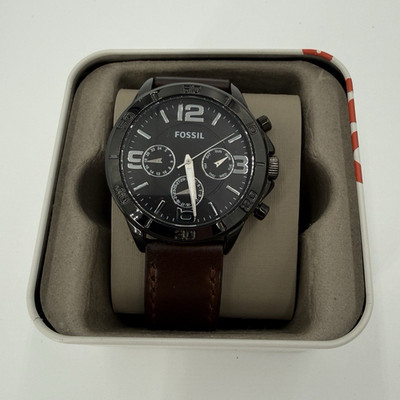 Fossil Men's Quartz Multi-Dial Black Dial Watch Brown Leather Strap Tin Box