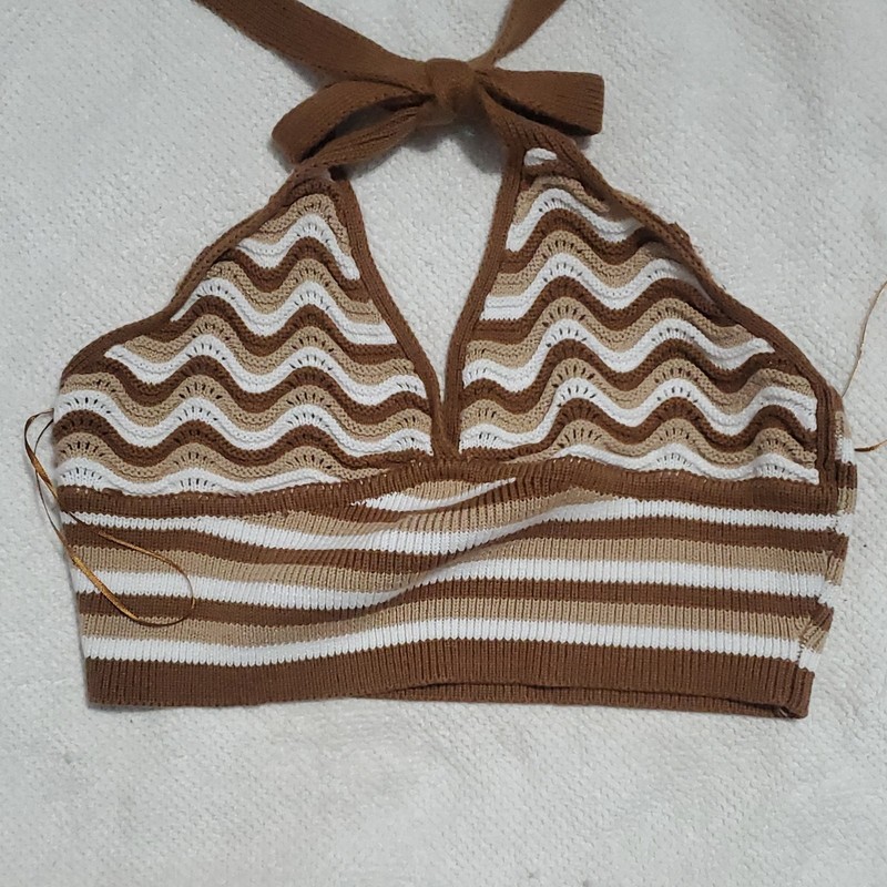 No Boundaries Women's Brown White Striped Knit Crochet Halter Cropped Tank Top L
