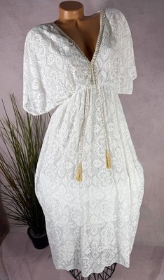 NEU Bohemian Maxi KLEID Tunika Spitze Quasten  Italy WEIß 38 40 42