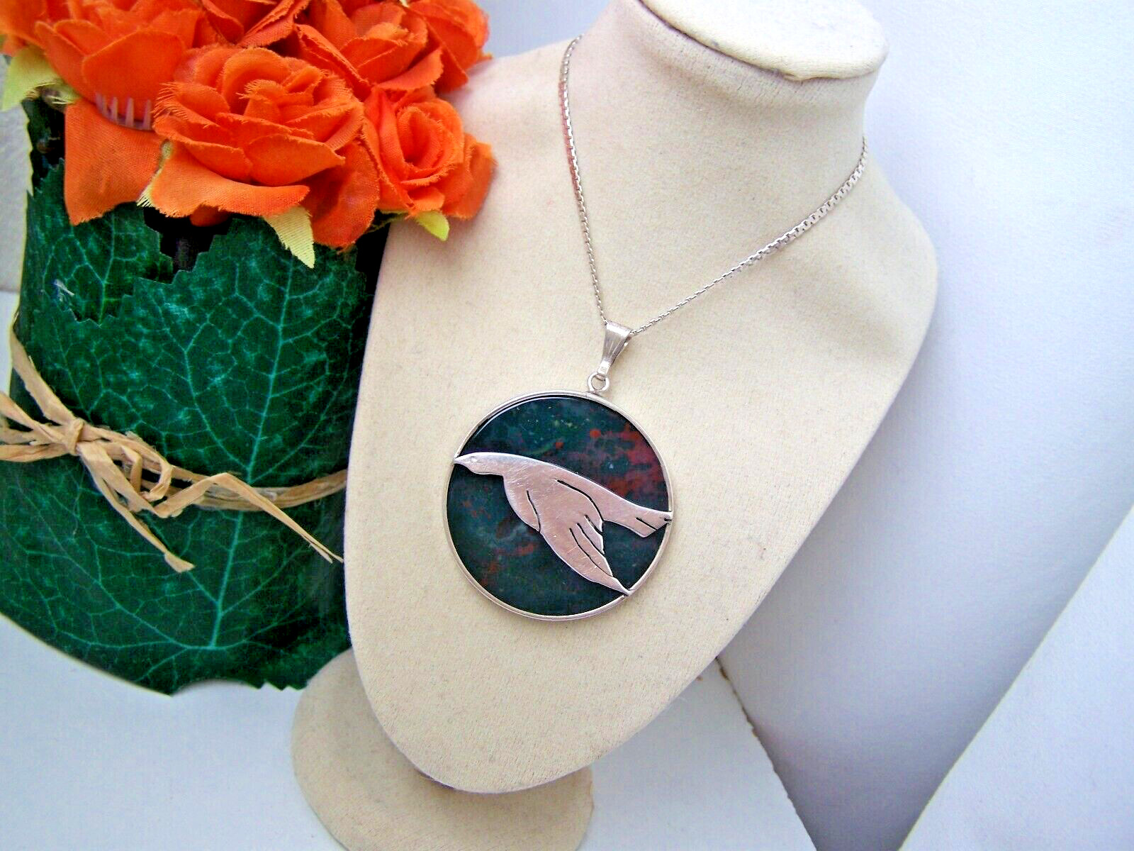 VINTAGE SOLID STERLING SILVER LARGE BLOODSTONE BI… - image 2