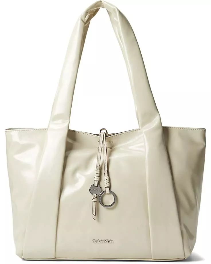 CALVIN KLEIN Hana shiny faux leather novelty tote shoulder bag Pelican Ivory