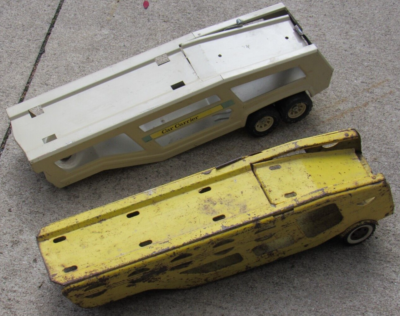 2 Vintage Tonka Car Carrier Trailer W Ramps LOT Yellow Tan steel