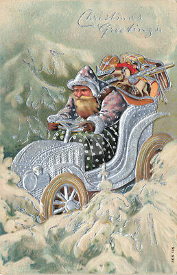 Christmas Dark Green Suited Santa Claus Driving A Automobile Postcard Copy