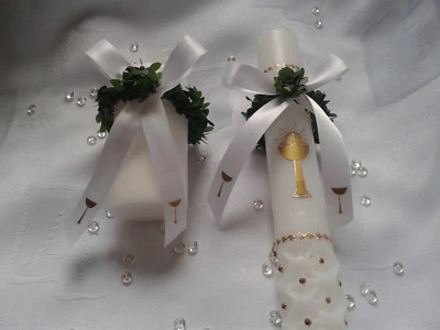 MARKENLOS Taufe Kommunion Tropfschutz Kerze Buchsbaum mit weißer Schleife und Gold Kelch