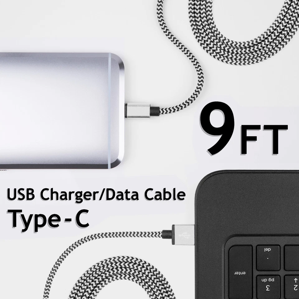 9 FT Type C USB Charger Data Cable For Android Device Type-C High Quality 2 Sets - Image 2 of 3