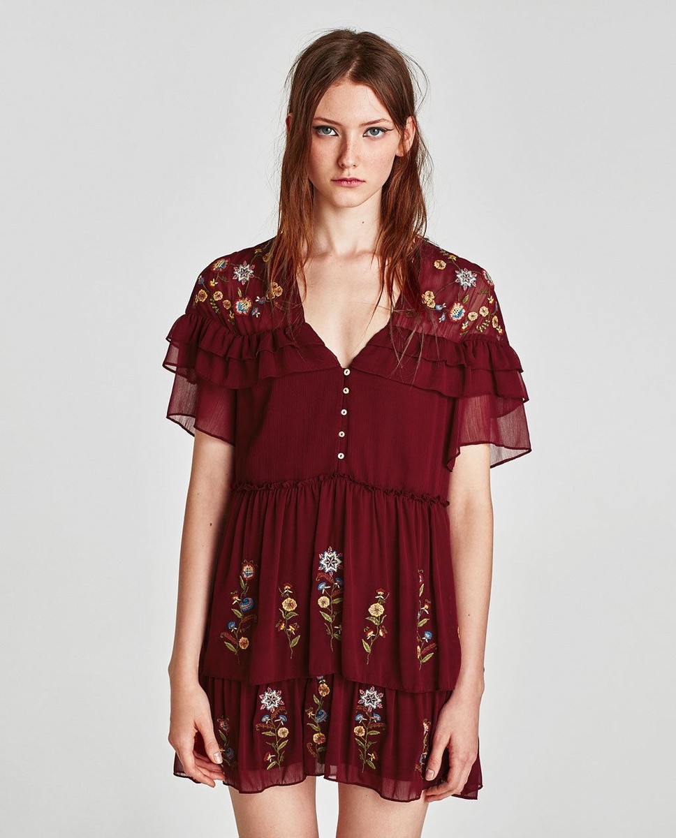 zara burgundy embroidered dress NWT Frilled Embroided Mini Size XS Ref 0881/160 Donji rub s prorezom