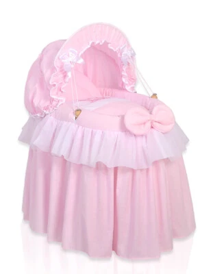 MY SWEET BABY Stubenwagen für Puppen Bettwäsche Little Princess Puppenwagen Weide Rattan Rosa