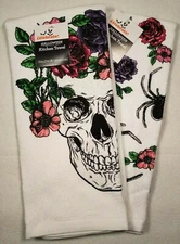 Way To Celebrate! 2 pc Halloween Kitchen Towel 100% Cotton 15 x 25" SPIDER SKULL