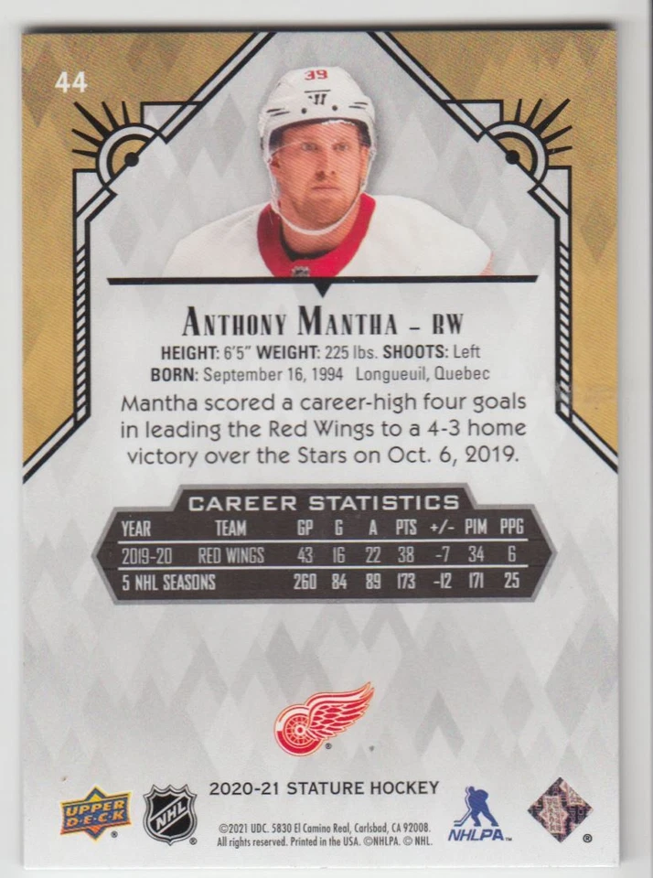2020-21 Upper Deck Stature Anthony Mantha Detroit Red Wings #44 - Image 2 of 2