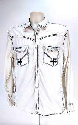 Roar Strength Refined Mens Dress Shirt Sz L Long Sleeve Oyster White Pearl Snap