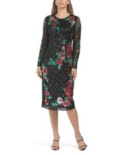 MAC DUGGAL Floral Sequin Long Sleeve Midi Dress (size 10)