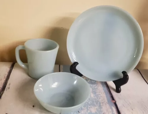 3 FIRE KING ANCHOR HOCKING TURQUOISE PLATE, BOWL, & MUG DELPHITE BLUE 