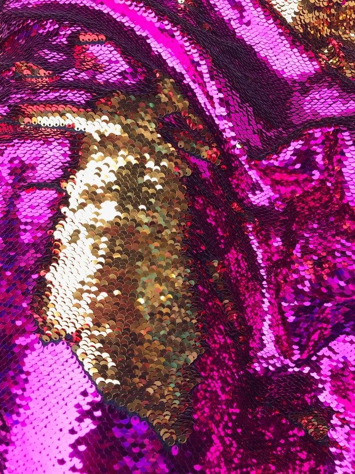 Tela reversible abatible rosa/dorado fucsia lentejuelas sirena de 5 mm se vende por yarda Foto 2 de 4