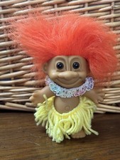 Russ Troll Doll Hula Dancer Hawaiian Girl ORANGE Hair Yellow Skirt 1990s Toy