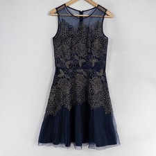 Tahari Arthur S. Levine Dress Size 6 Navy Gold Floral Lace Sleeveless Party