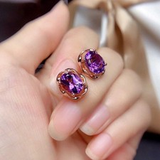 Rose Gold Purple Crystal Flower Stud Earrings 925 Sterling Silver Women Jewellry