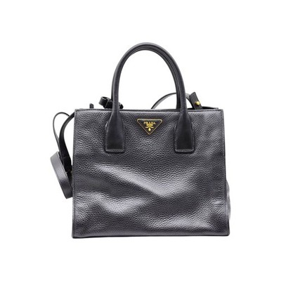 Prada Vitello Daino Black Pebbled Leather Tote Satchel Crossbody Bag - Preowned