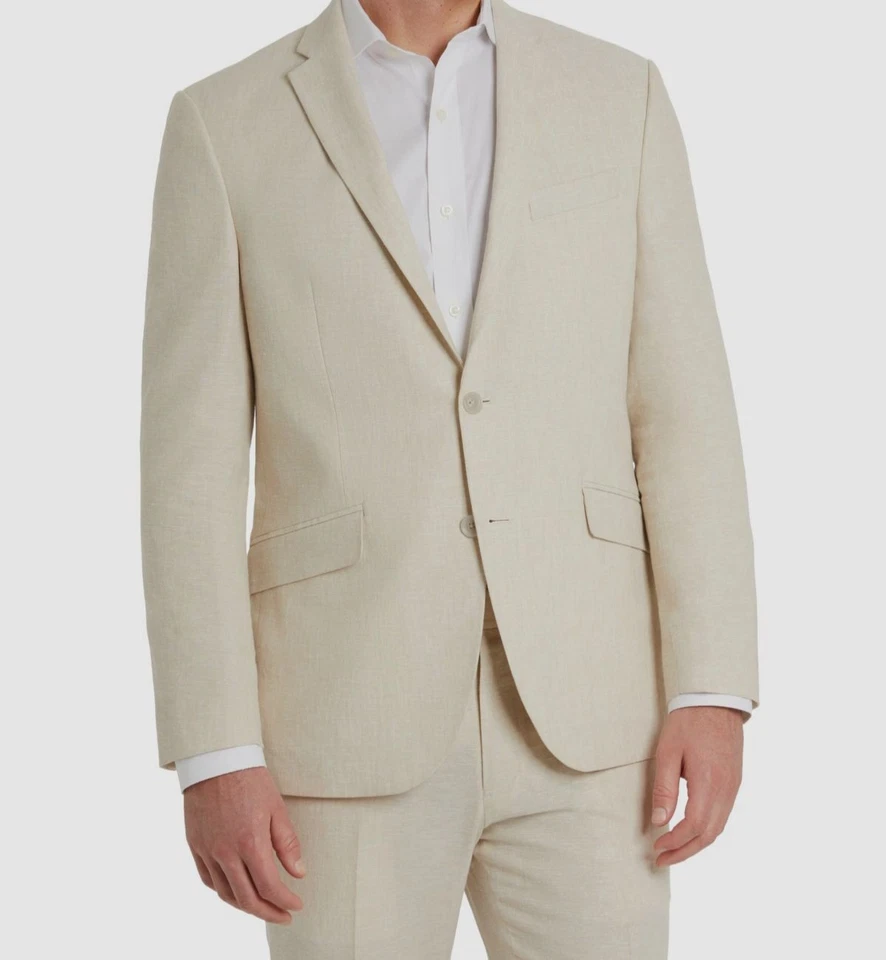 Kenneth Cole Reaction Men Beige Slim Linen 2-Pc Jacket Pants Suit Sz 36S 29W 32L - Image 3 of 4