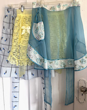 Lot 3 Vintage Half Aprons Lacy Yellow, Sheer Aqua  Flocked Blue Cherry Gingham