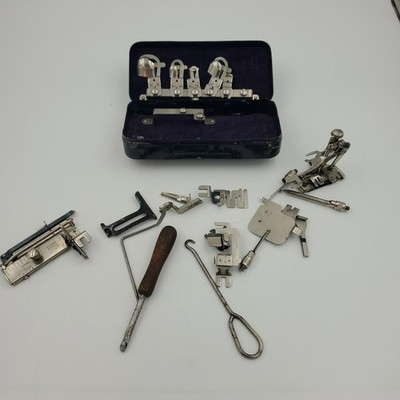 Vintage Greist Rotary Sewing Machine Attachments For Singer W/ Decorative Tin
