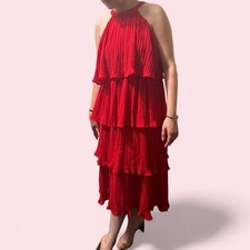 ZESICA Red Sleeveless Halter Neck Ruffle Tiered Layed Chiffon Flowy Long Dress