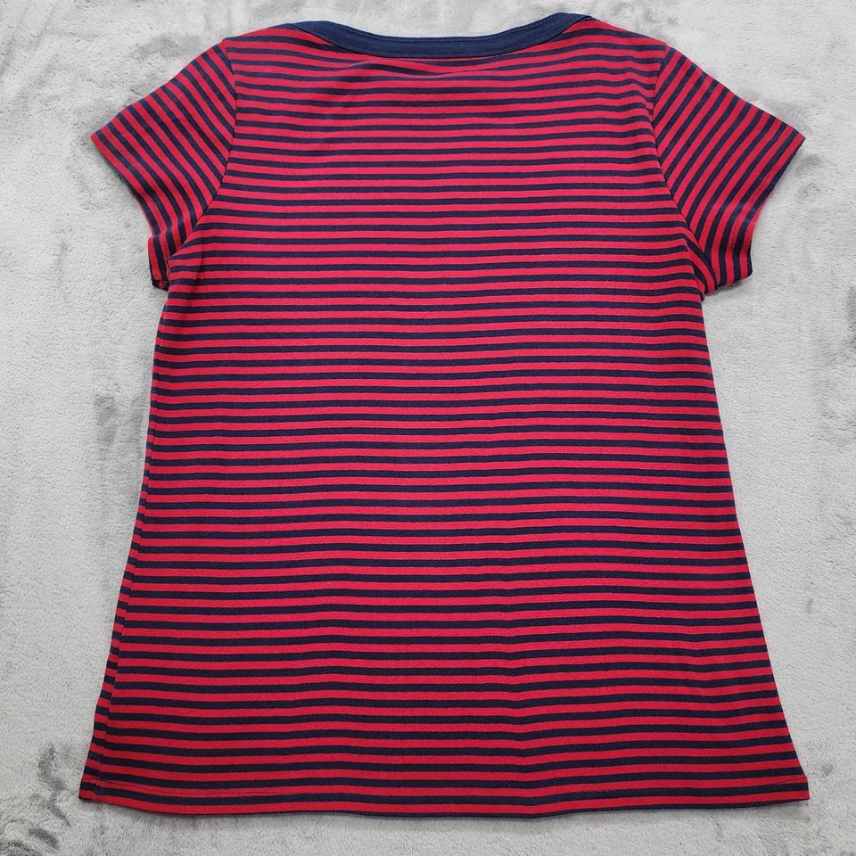 North Crest Top Womens L Red Blue Striped Boat Neck Short Sleeve Lace Up Detail - Image 2 of 4