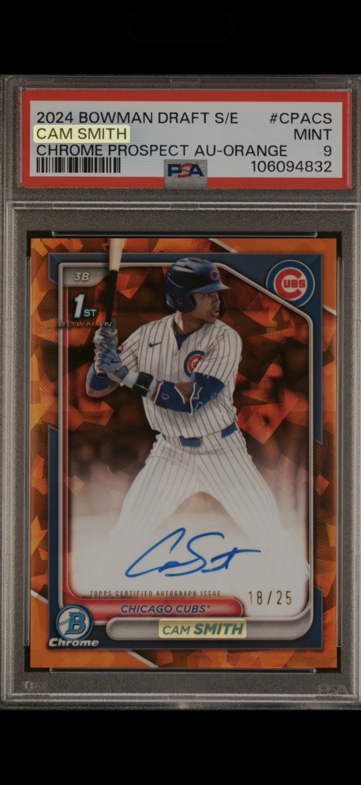 CAM SMITH PSA 9 2024 BOWMAN DRAFT SAPPHIRE CHROME AUTO ORANGE REFRACTOR RC /25