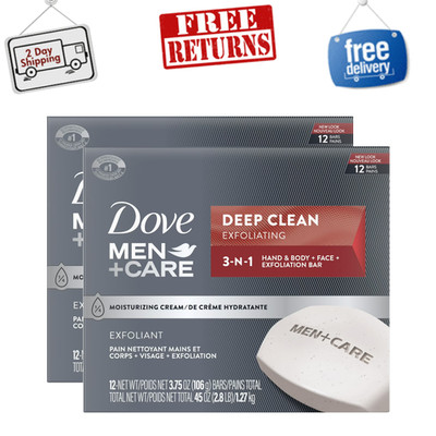 Dove Men Care 3-in-1 Deep Clean Exfoliating Body Face Bar Soap 3.75 oz, 24 Bars