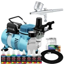MASTER AIRBRUSH Gravity Dual-Action SET Air Compressor Primary Colors Paint Kit