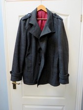 Vintage Next Men's Cashmere Wool Military Pea Coat Size L Grey Overcoat Y2K  