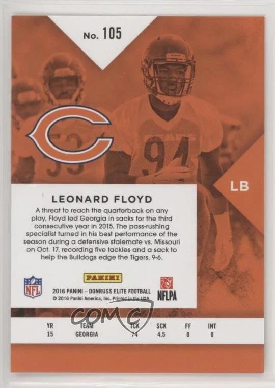 2016 Donruss Elite Elite Rookies Orange /10 Leonard Floyd #105 Rookie RC - Image 2 of 2
